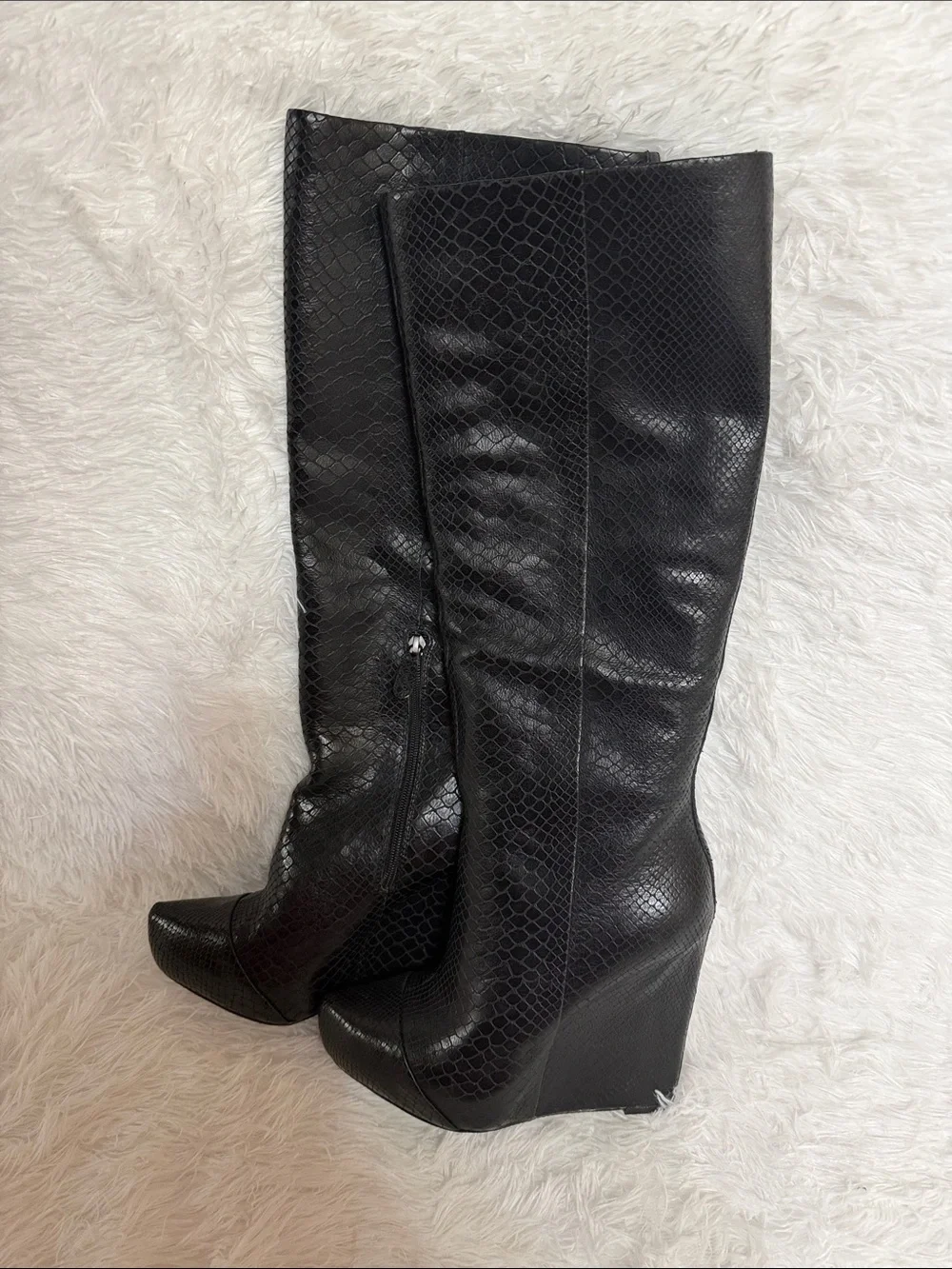 Boutique 9 Black Leather-Textured Wedge Below Knee Boots NWOT